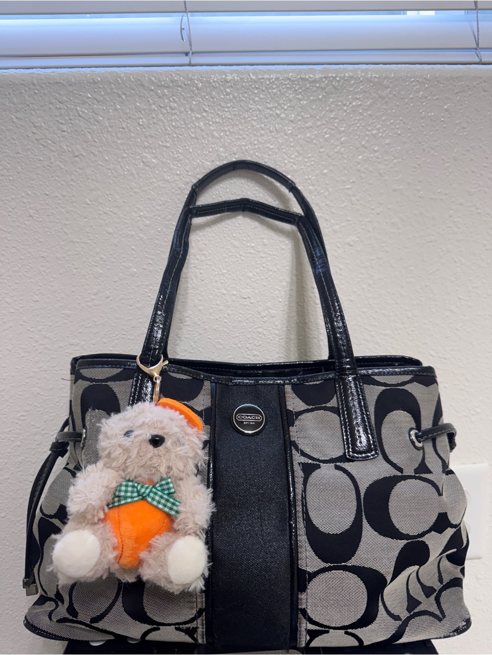Coach Black and Gray Signature Canvas Tote with Charm